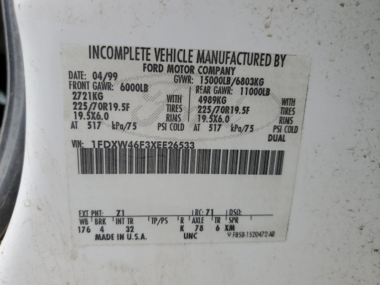 1FDXW46F3XEE26533 1999 Ford F450 Super Duty