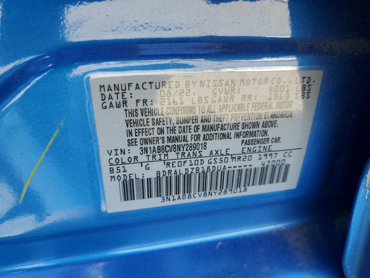 3N1AB8CV8NY289018 2022 Nissan Sentra Sv