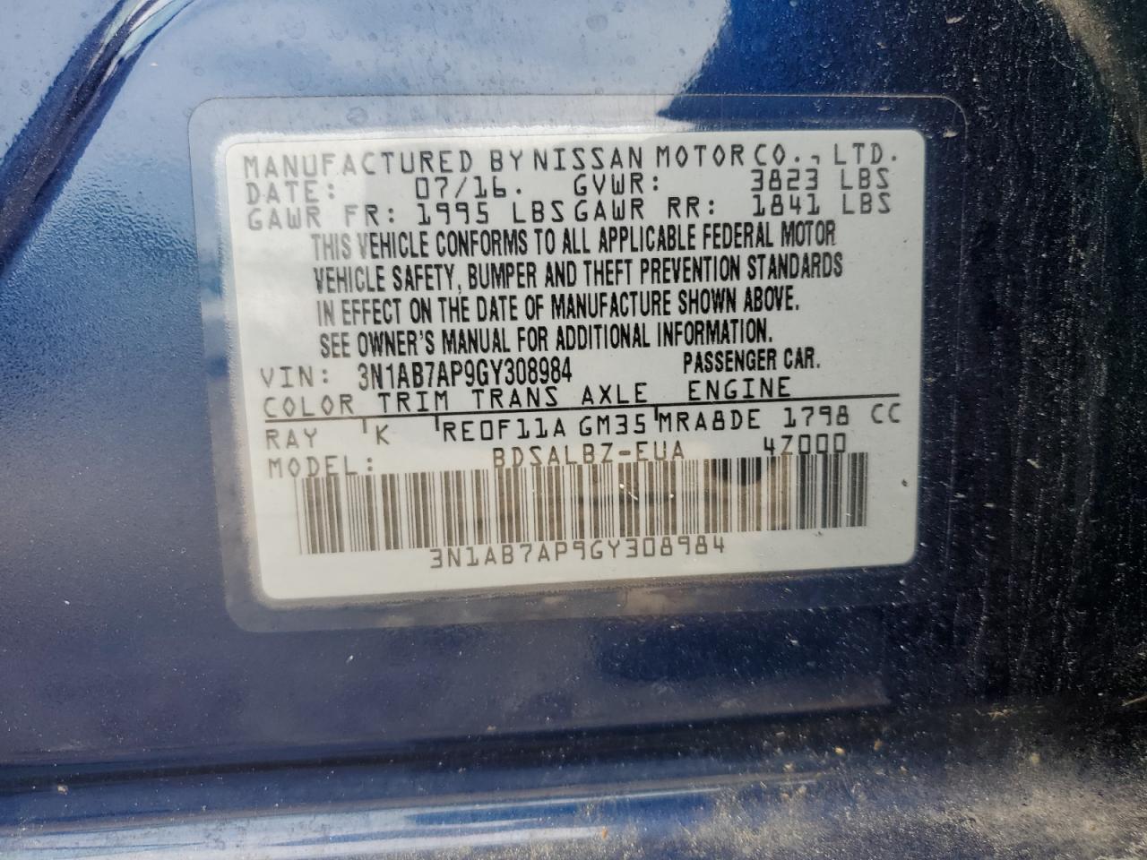 3N1AB7AP9GY308984 NISSAN SENTRA 2016