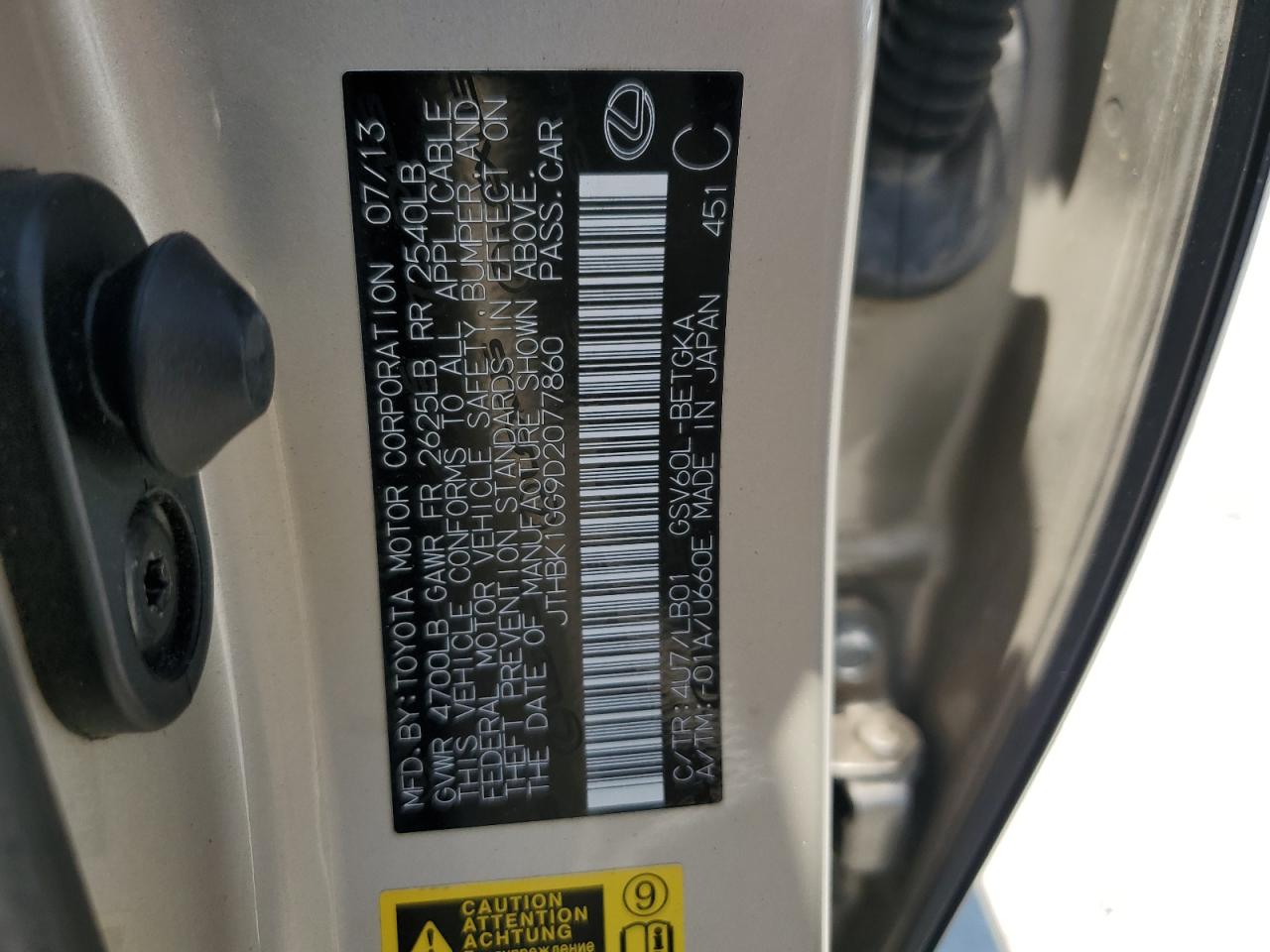 JTHBK1GG9D2077860 2013 Lexus Es 350