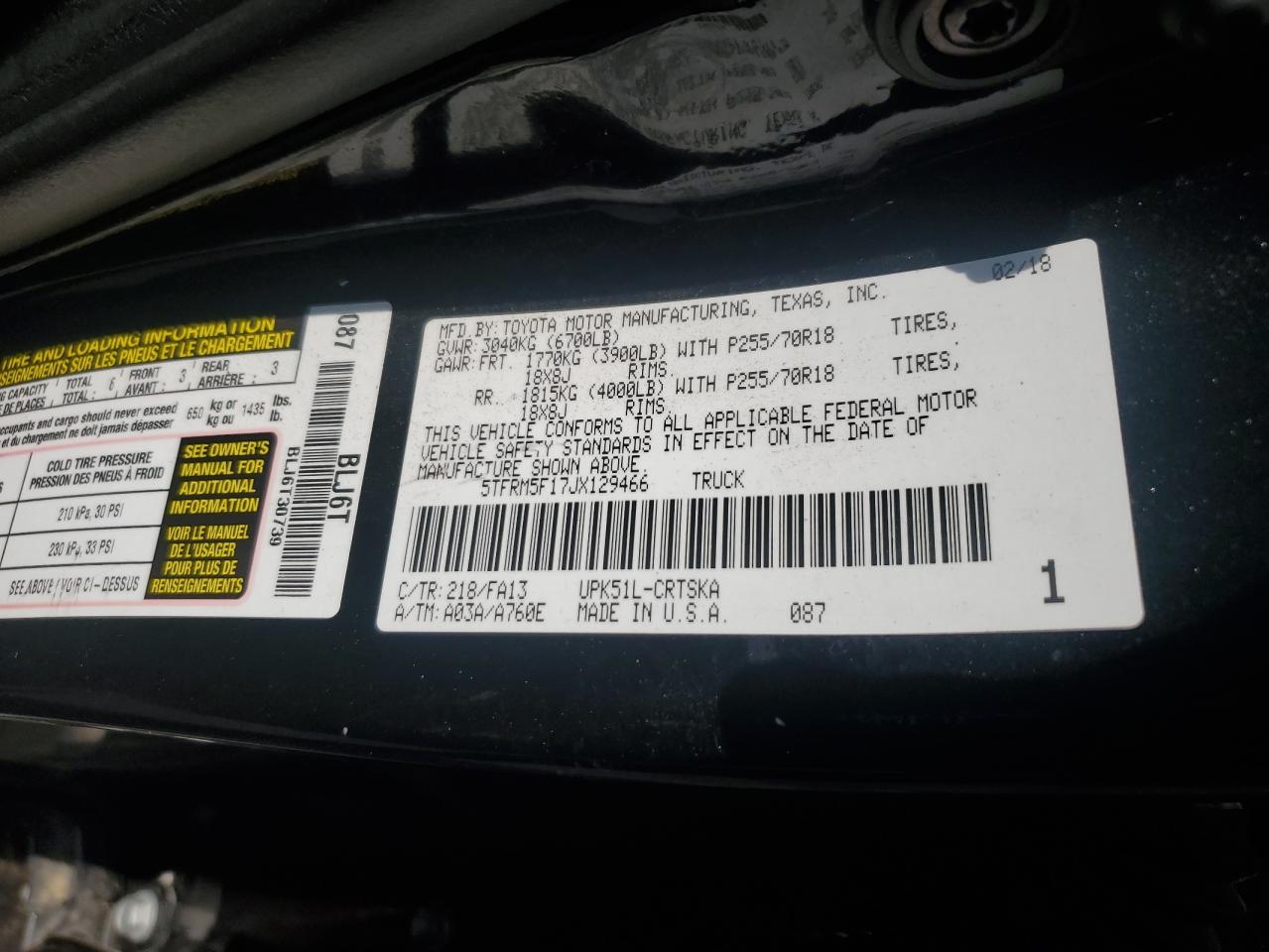 5TFRM5F17JX129466 2018 Toyota Tundra Double Cab Sr/Sr5