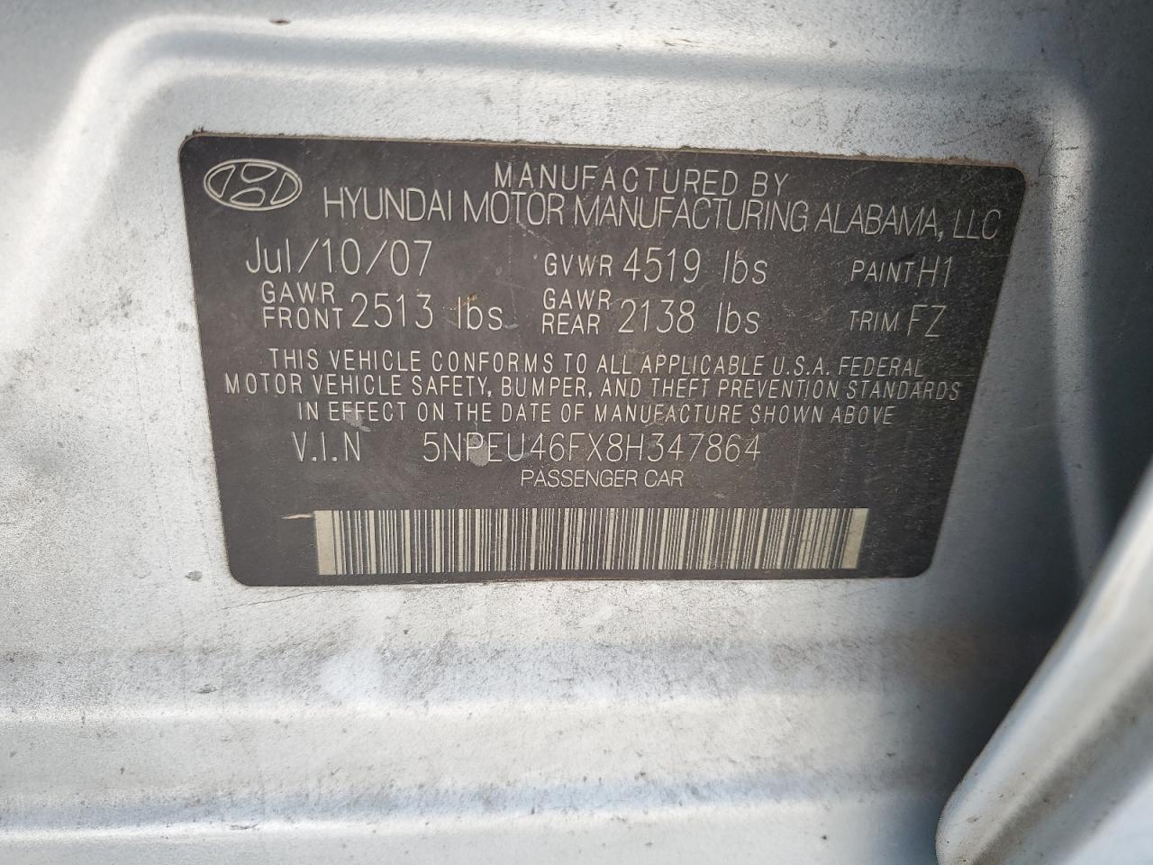 5NPEU46FX8H347864 2008 Hyundai Sonata Se
