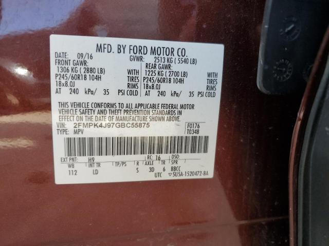 2016 Ford Edge Sel VIN: 2FMPK4J97GBC55875 Lot: 60385364