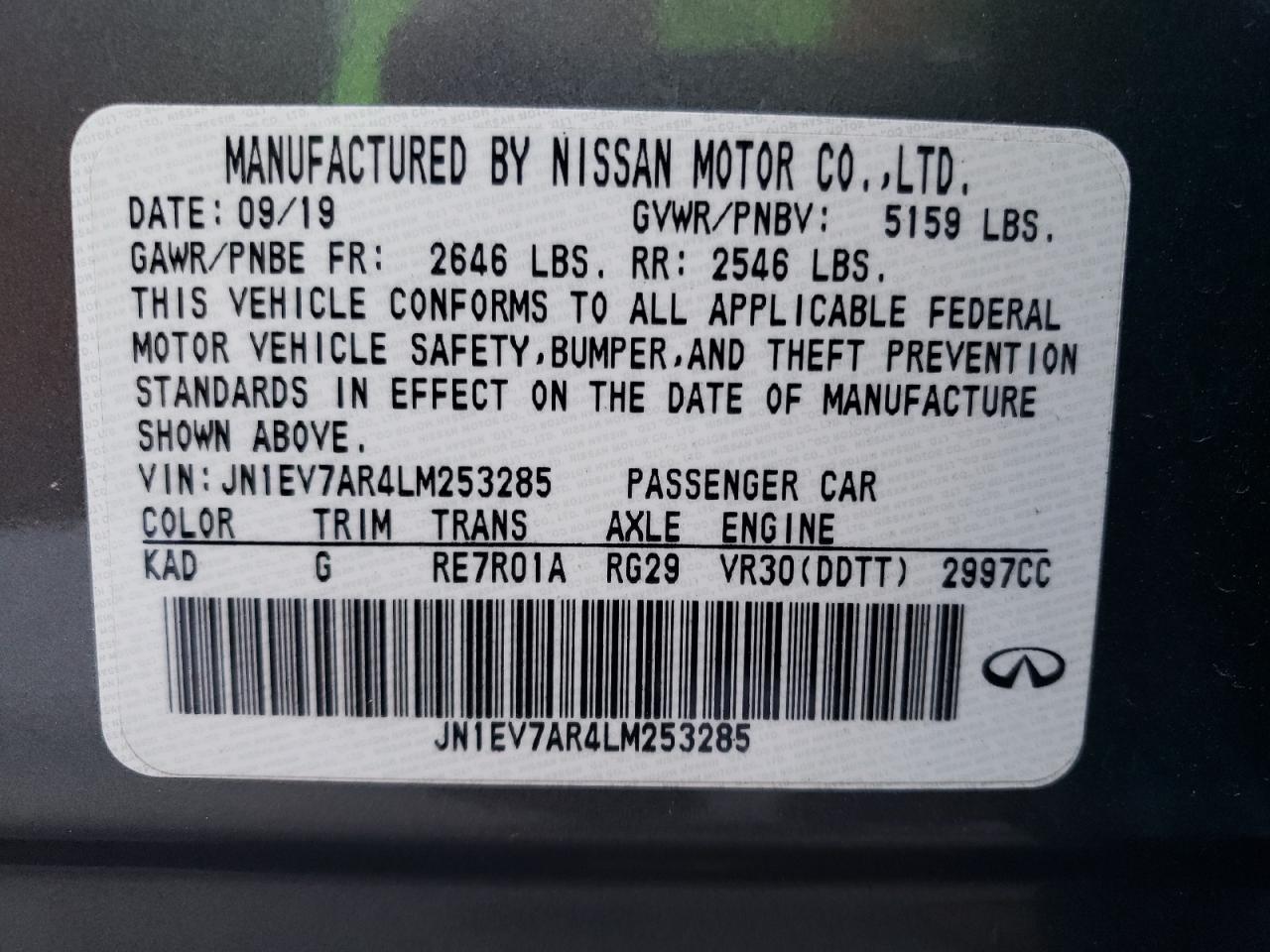 JN1EV7AR4LM253285 2020 Infiniti Q50 Pure