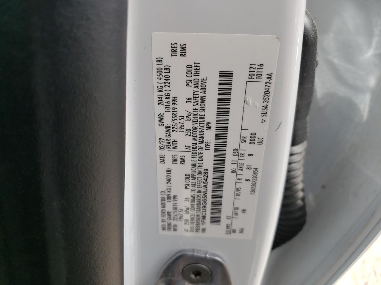 1FMCU9G65NUA54289 FORD ESCAPE 2022