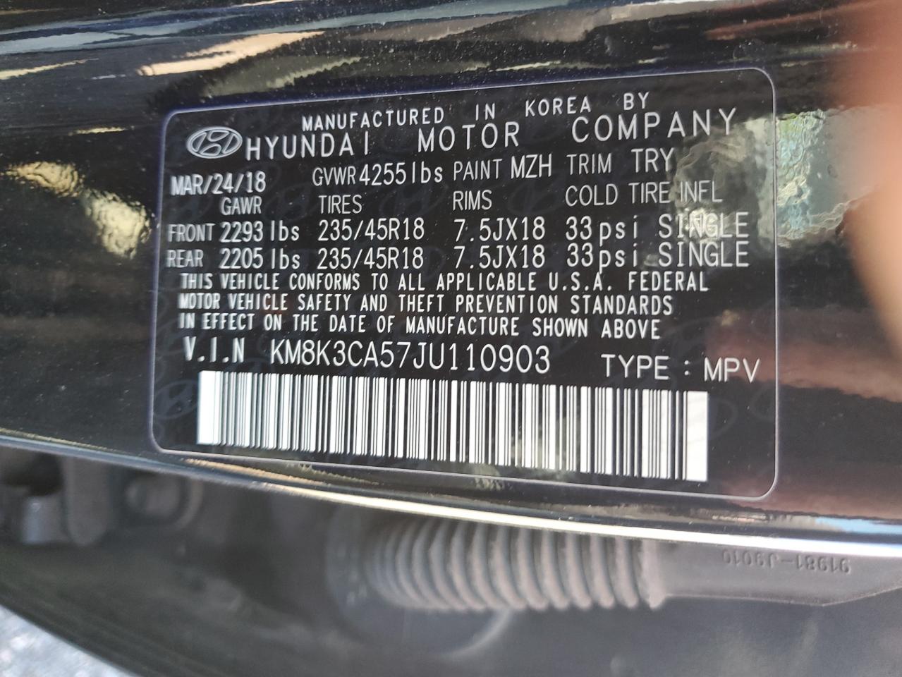 KM8K3CA57JU110903 2018 Hyundai Kona Limited