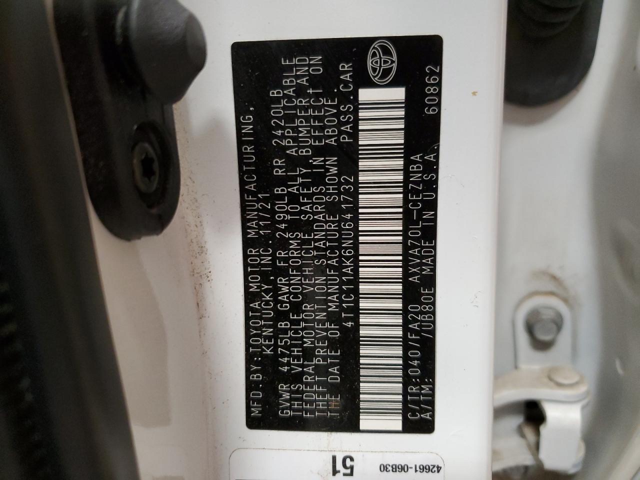 4T1C11AK6NU641732 TOYOTA CAMRY 2022