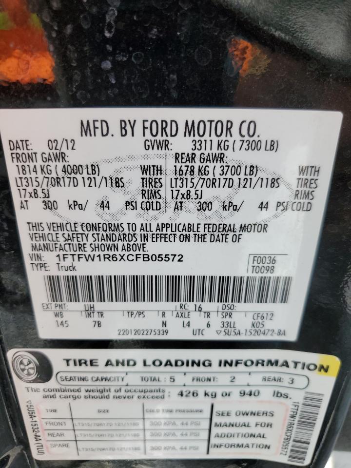 1FTFW1R6XCFB05572 2012 Ford F150 Svt Raptor