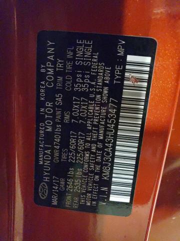 2017 Hyundai Tucson Limited VIN: KM8J3CA43HU453477 Lot: 57924974