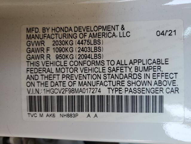 2021 Honda Accord Touring VIN: 1HGCV2F98MA017274 Lot: 57932554
