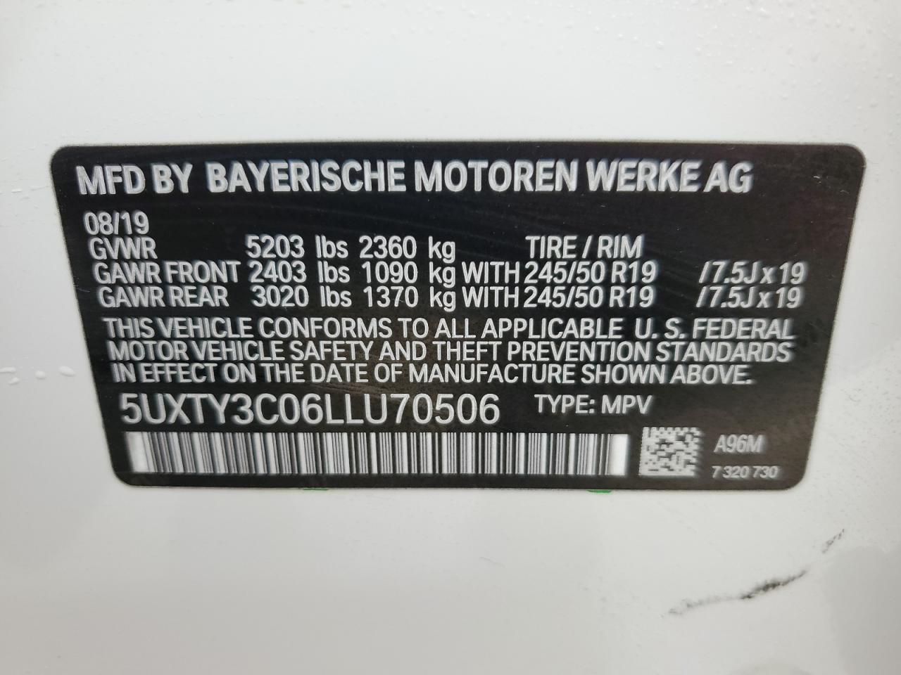 5UXTY3C06LLU70506 2020 BMW X3 Sdrive30I