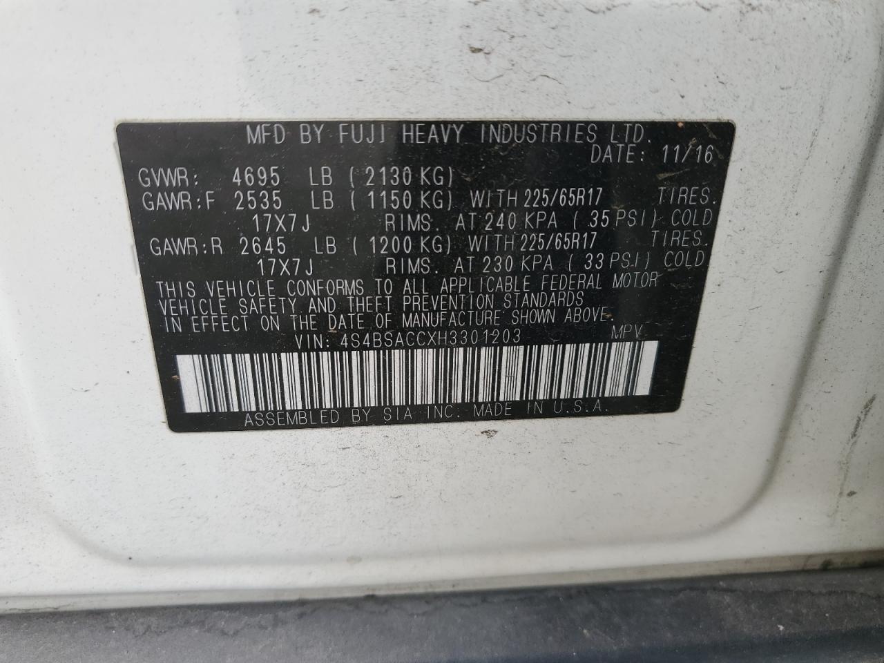 4S4BSACCXH3301203 2017 Subaru Outback 2.5I Premium