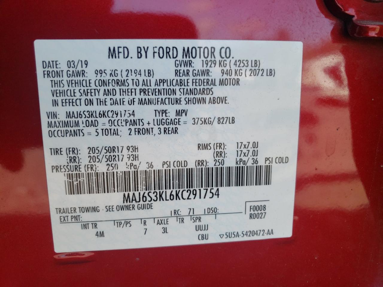 MAJ6S3KL6KC291754 2019 Ford Ecosport Titanium