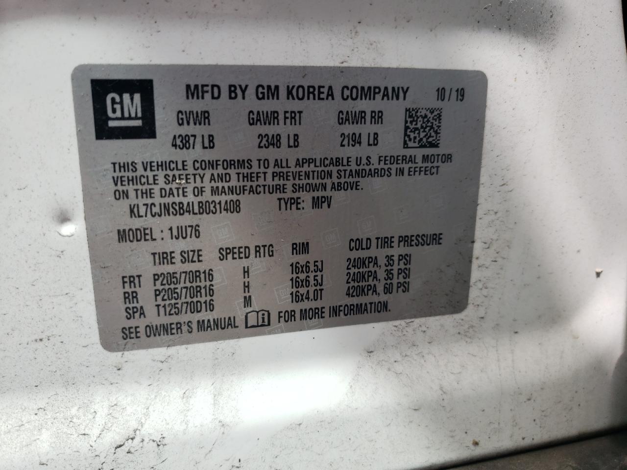 KL7CJNSB4LB031408 2020 Chevrolet Trax Ls