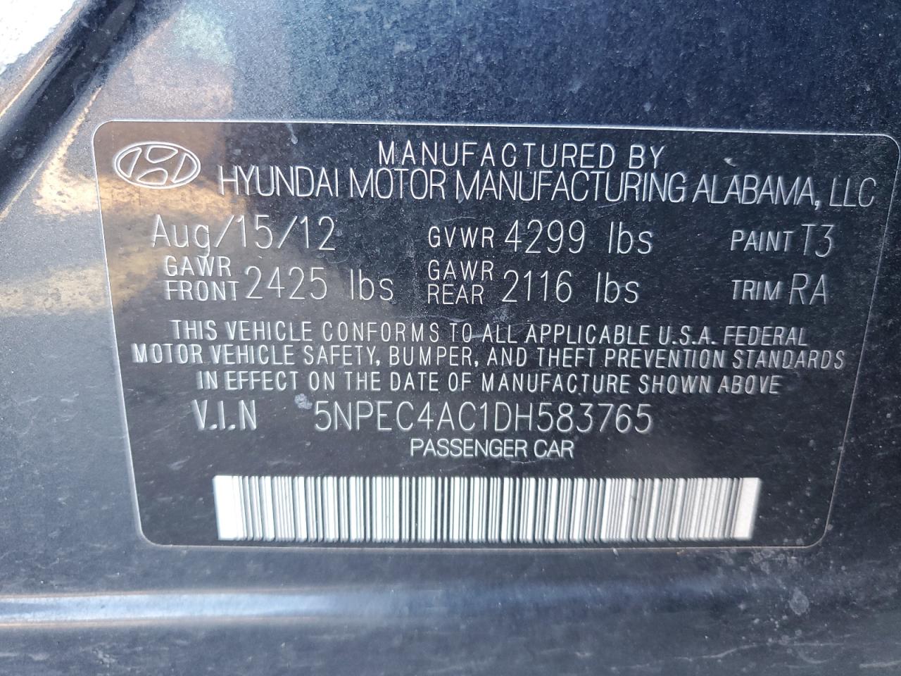 5NPEC4AC1DH583765 2013 Hyundai Sonata Se