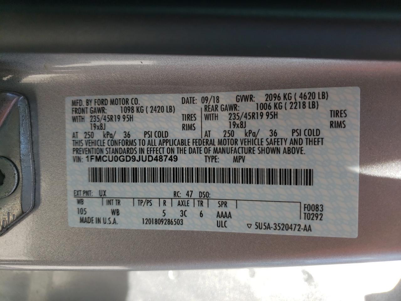 1FMCU0GD9JUD48749 FORD ESCAPE 2018