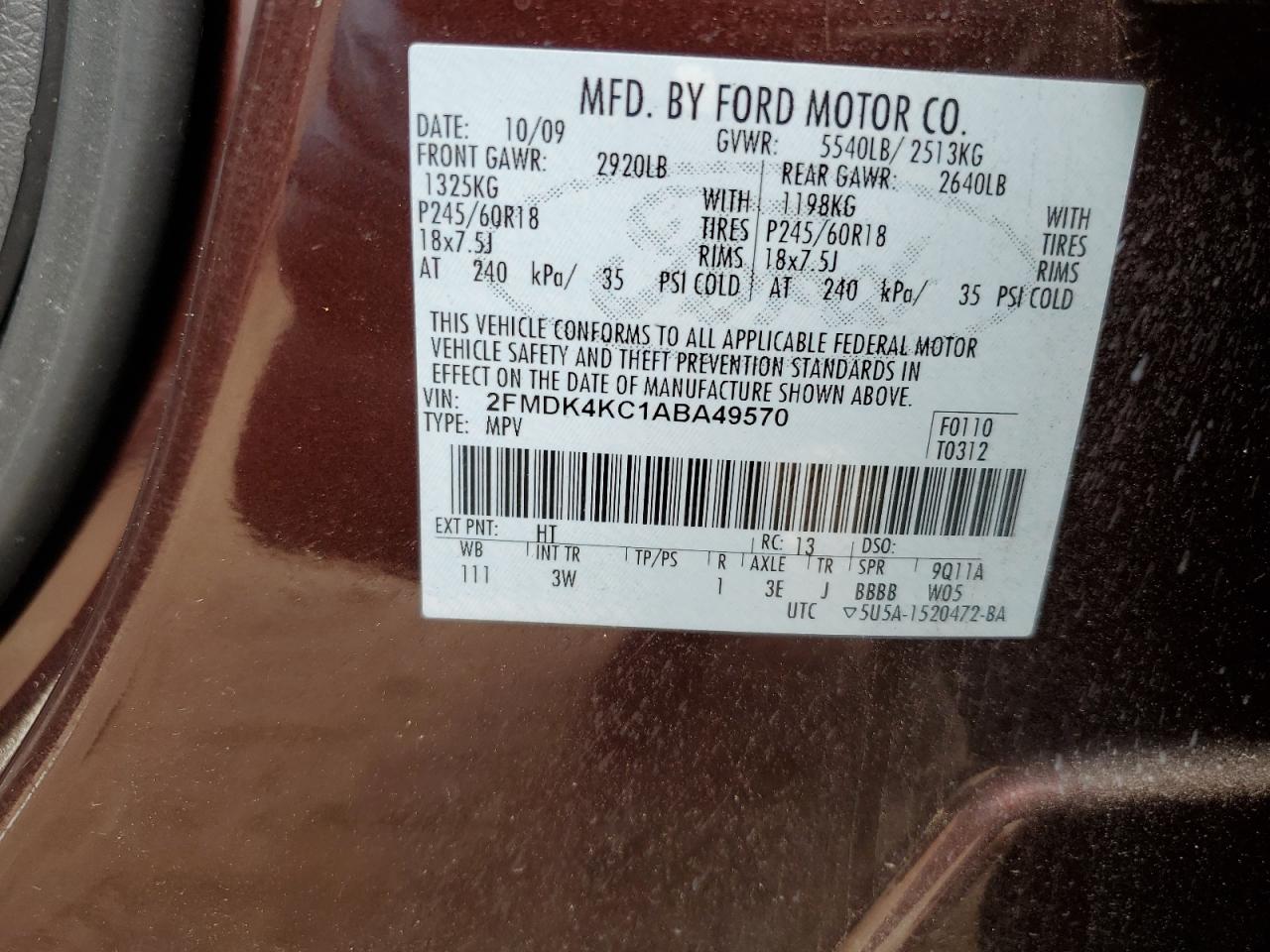 2FMDK4KC1ABA49570 2010 Ford Edge Limited