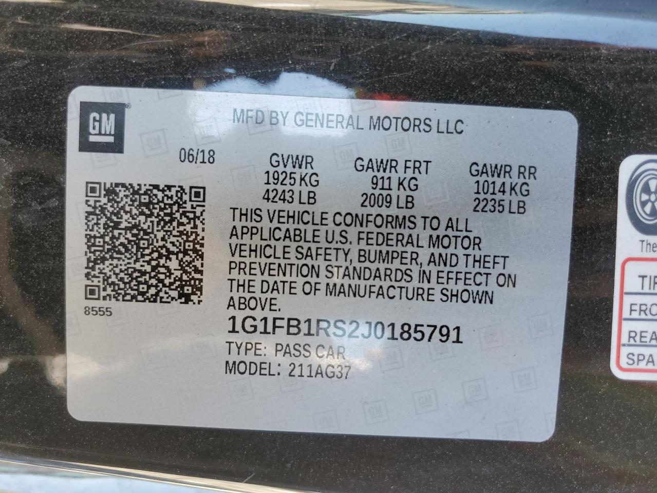 1G1FB1RS2J0185791 2018 Chevrolet Camaro Lt