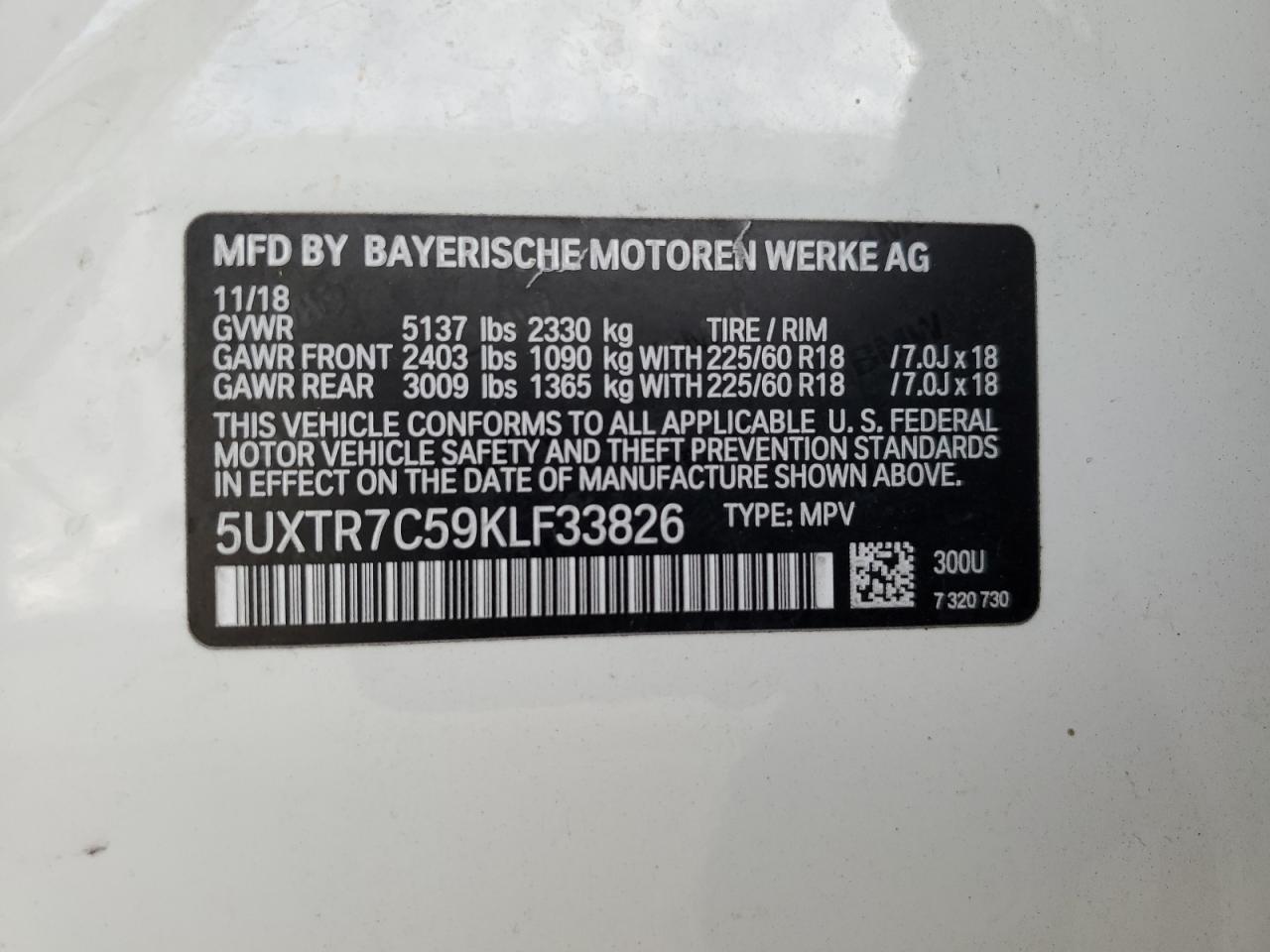 5UXTR7C59KLF33826 2019 BMW X3 Sdrive30I