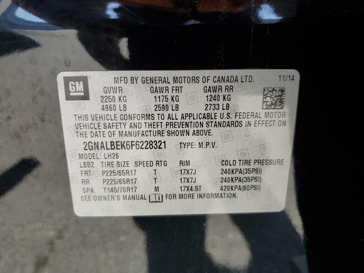 2GNALBEK6F6228321 2015 Chevrolet Equinox Lt