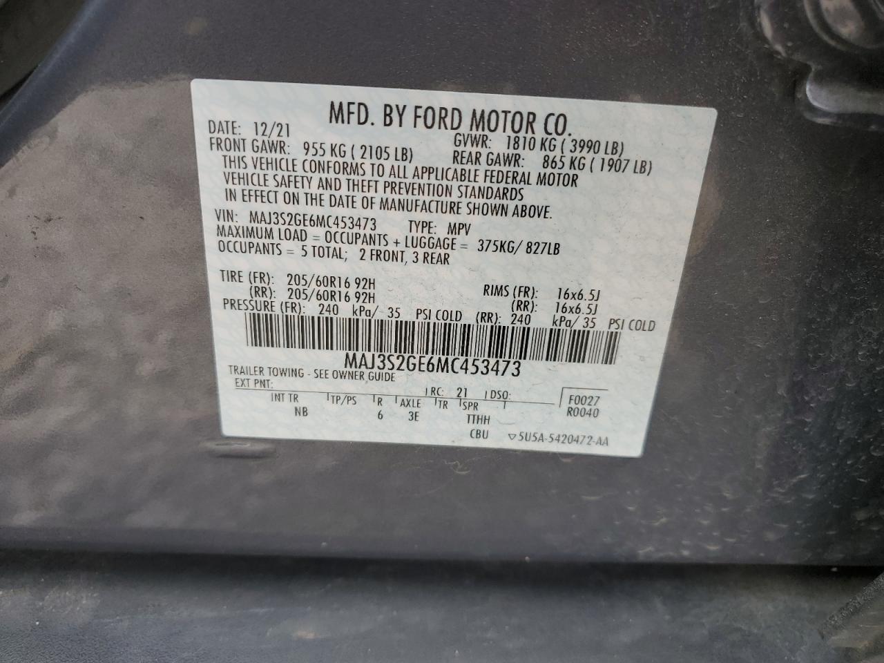 MAJ3S2GE6MC453473 2021 Ford Ecosport Se