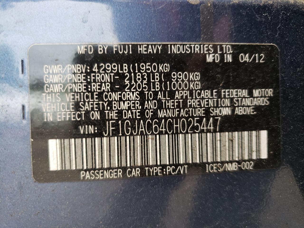 JF1GJAC64CH025447 2012 Subaru Impreza Premium