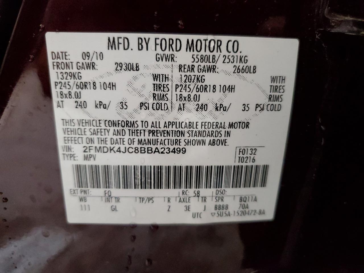 2FMDK4JC8BBA23499 2011 Ford Edge Sel