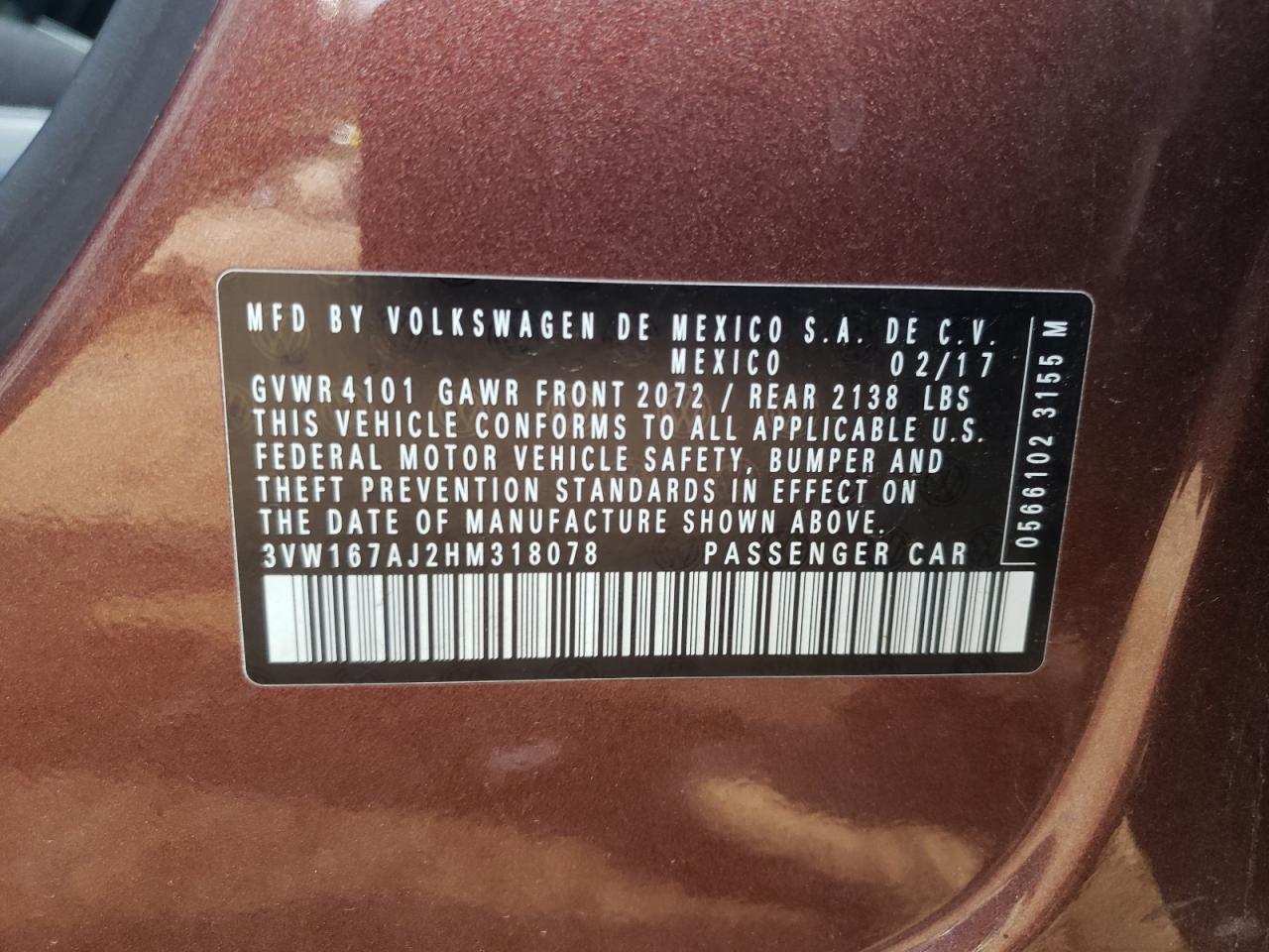 3VW167AJ2HM318078 2017 Volkswagen Jetta S