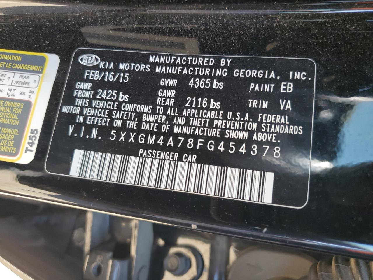 5XXGM4A78FG454378 2015 Kia Optima Lx
