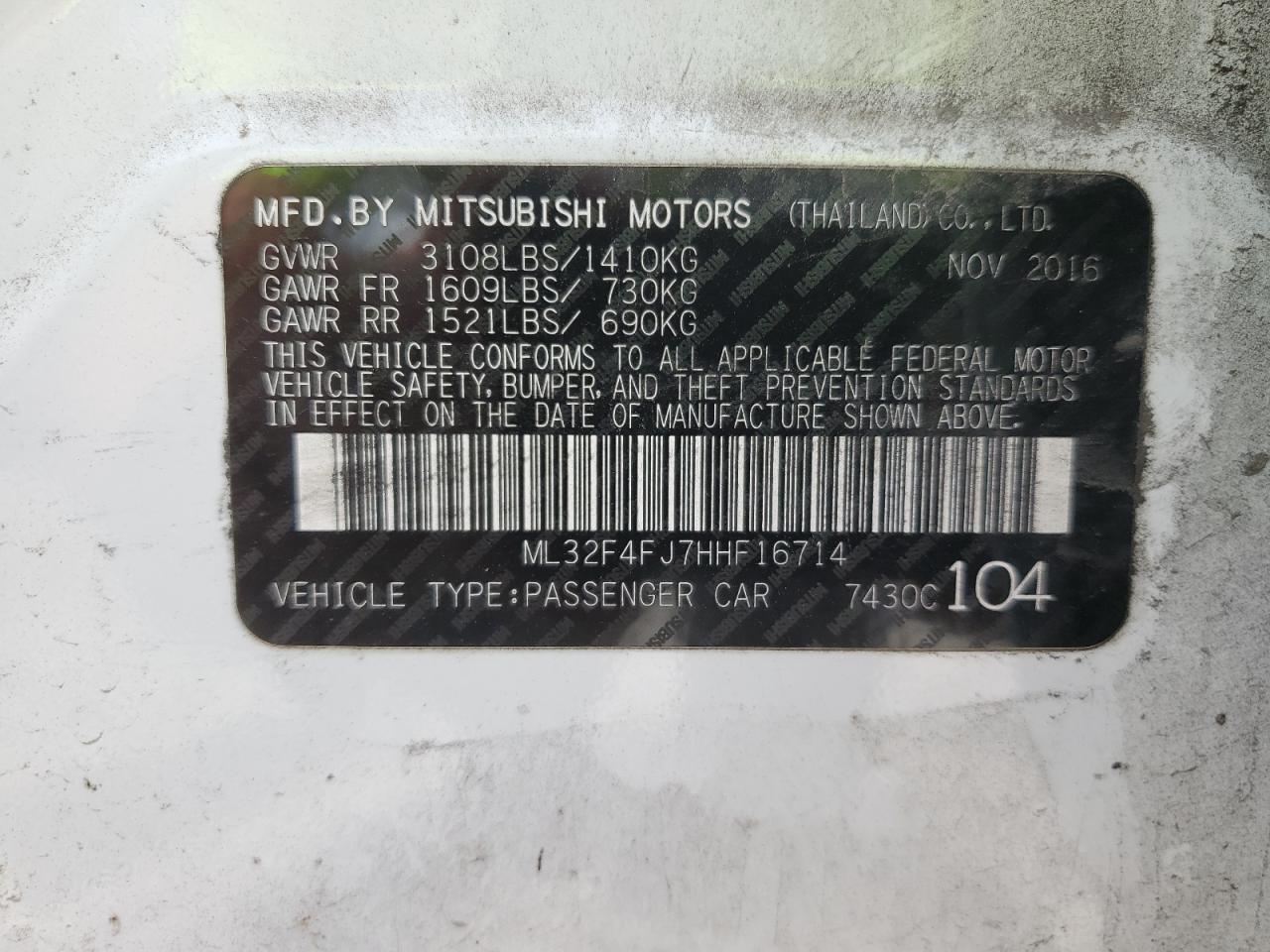 ML32F4FJ7HHF16714 2017 Mitsubishi Mirage G4 Se