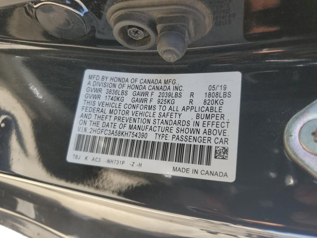2HGFC3A58KH754390 HONDA CIVIC 2019