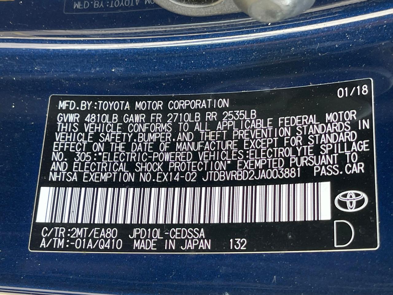 2018 Toyota Mirai vin: JTDBVRBD2JA003881