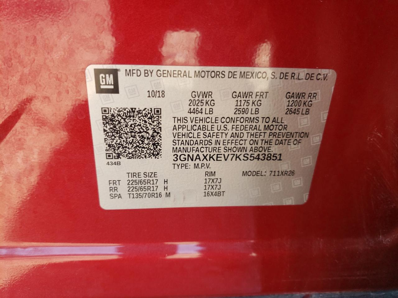 3GNAXKEV7KS543851 CHEVROLET EQUINOX 2019