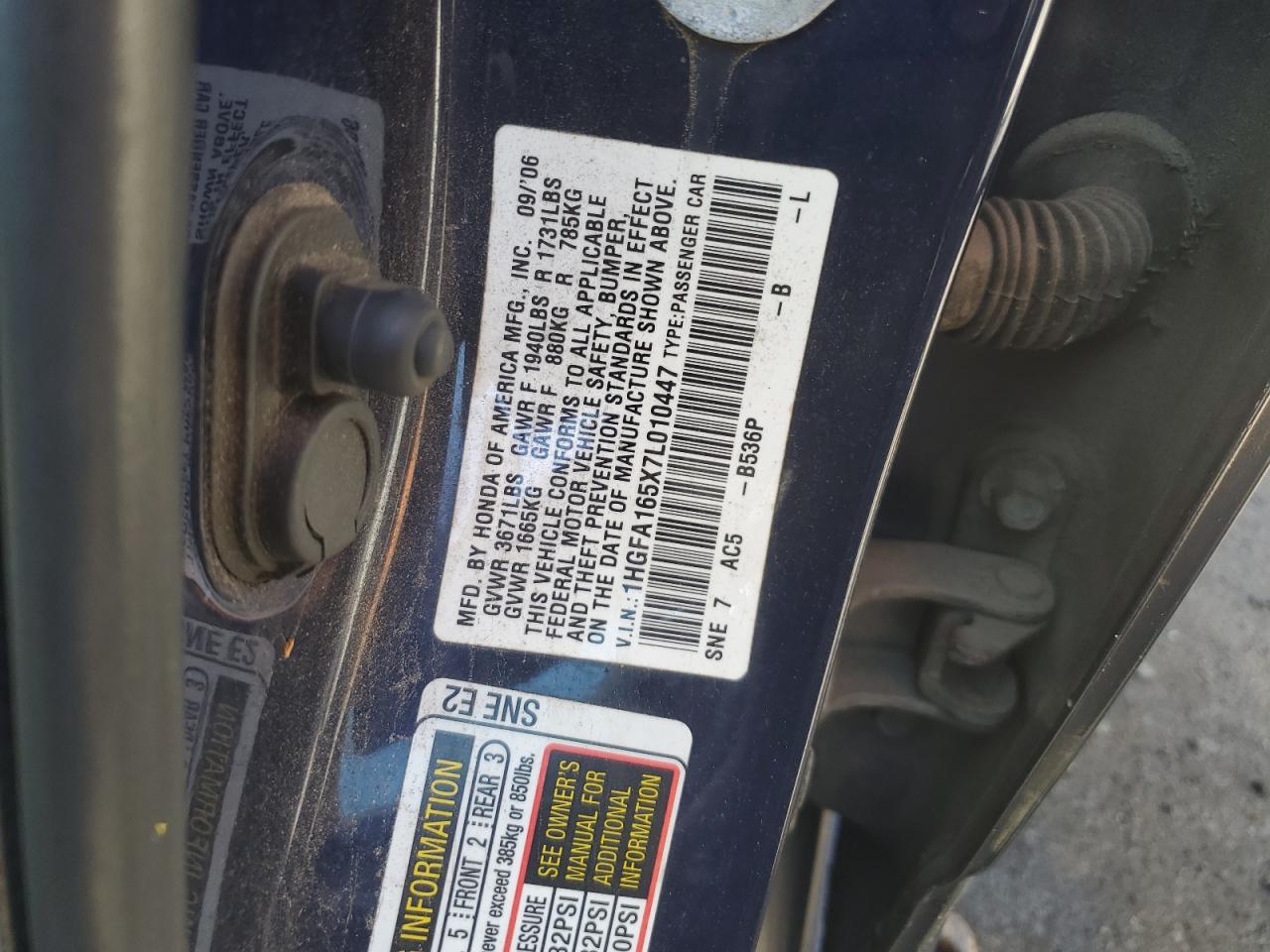 1HGFA165X7L010447 2007 Honda Civic Lx