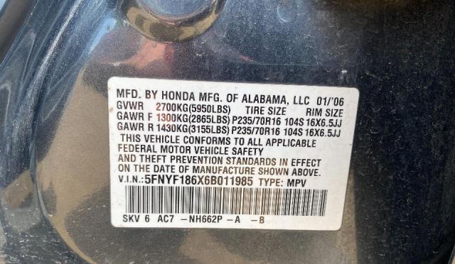 2006 Honda Pilot Ex VIN: 5FNYF186X6B011985 Lot: 60804294