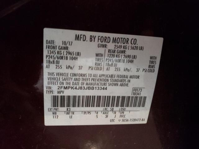 2018 Ford Edge Sel VIN: 2FMPK4J83JBB13344 Lot: 59628484