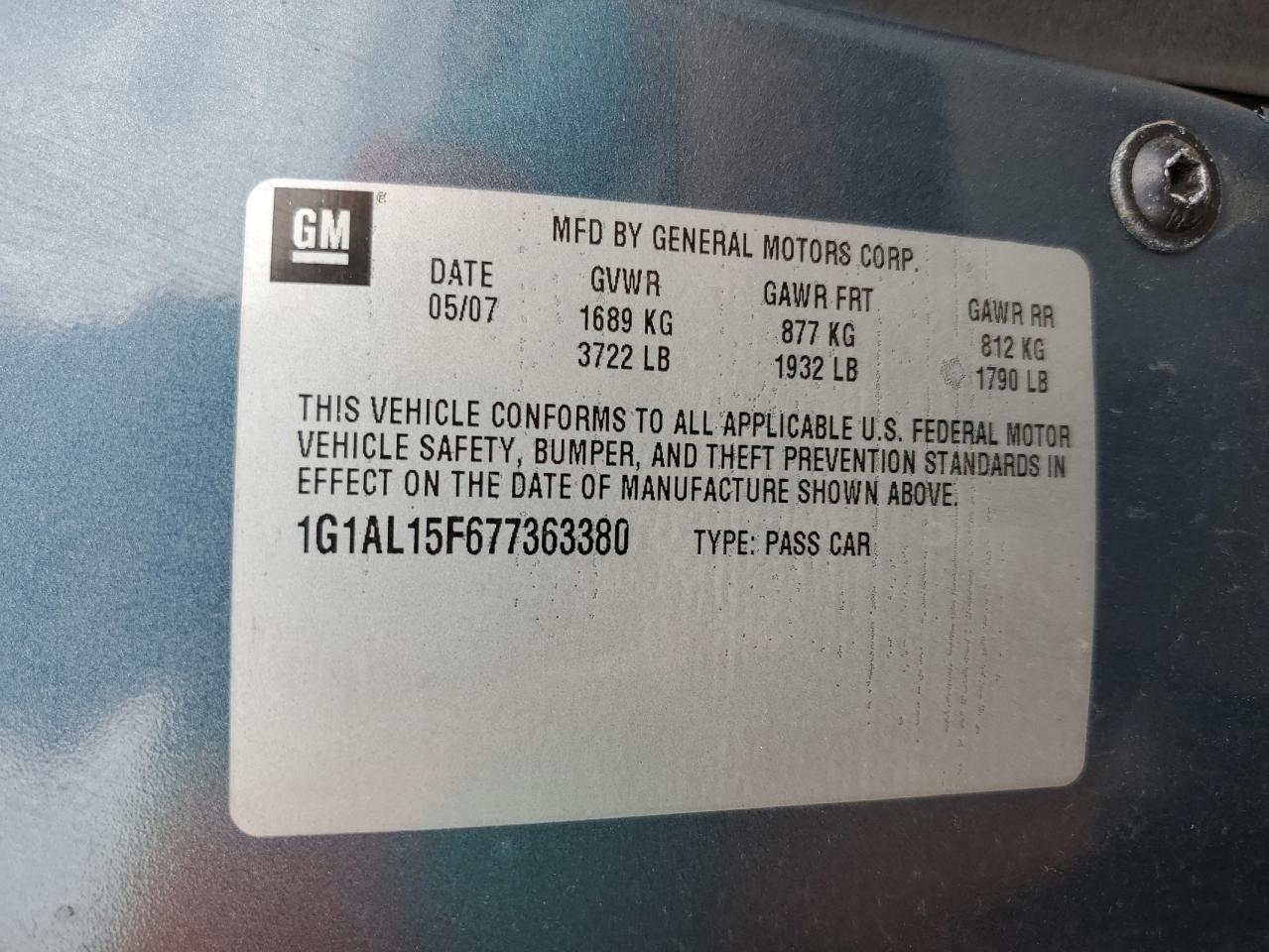 1G1AL15F677363380 2007 Chevrolet Cobalt Lt