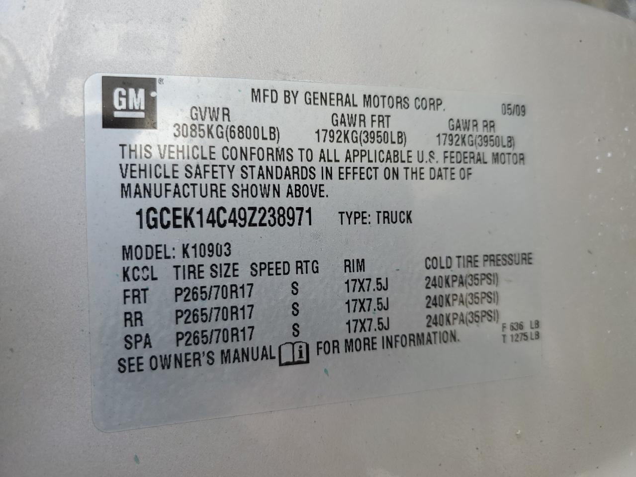 1GCEK14C49Z238971 2009 Chevrolet Silverado K1500