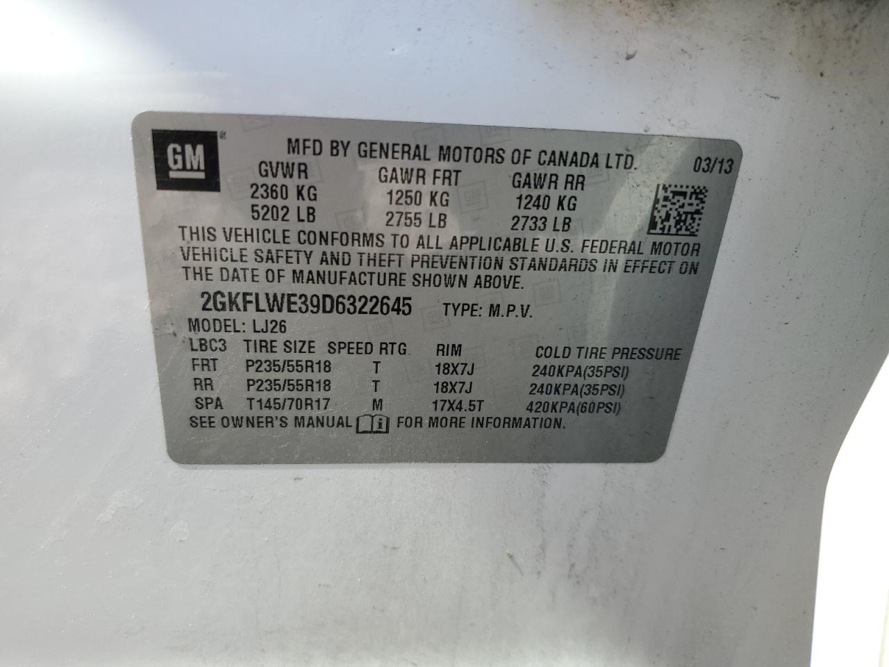 2GKFLWE39D6322645 2013 GMC Terrain Slt