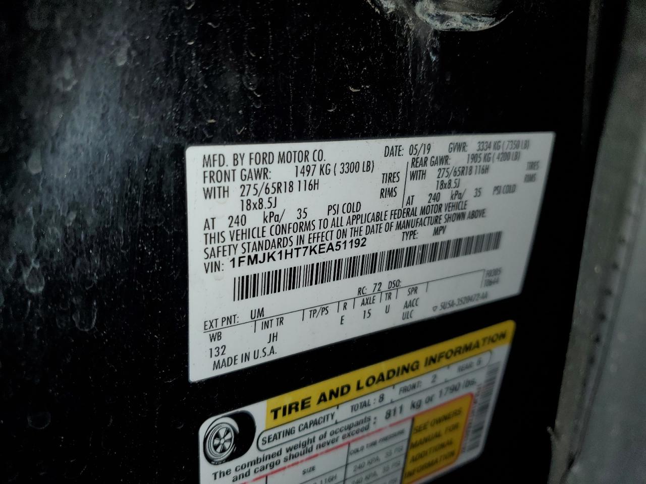 1FMJK1HT7KEA51192 2019 Ford Expedition Max Xlt