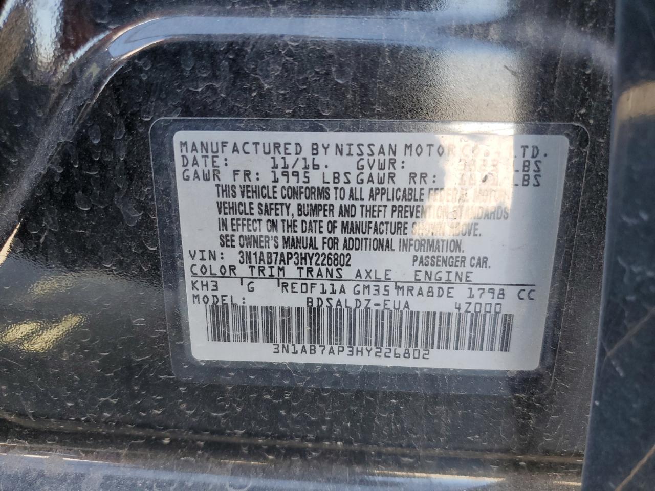 3N1AB7AP3HY226802 2017 Nissan Sentra S