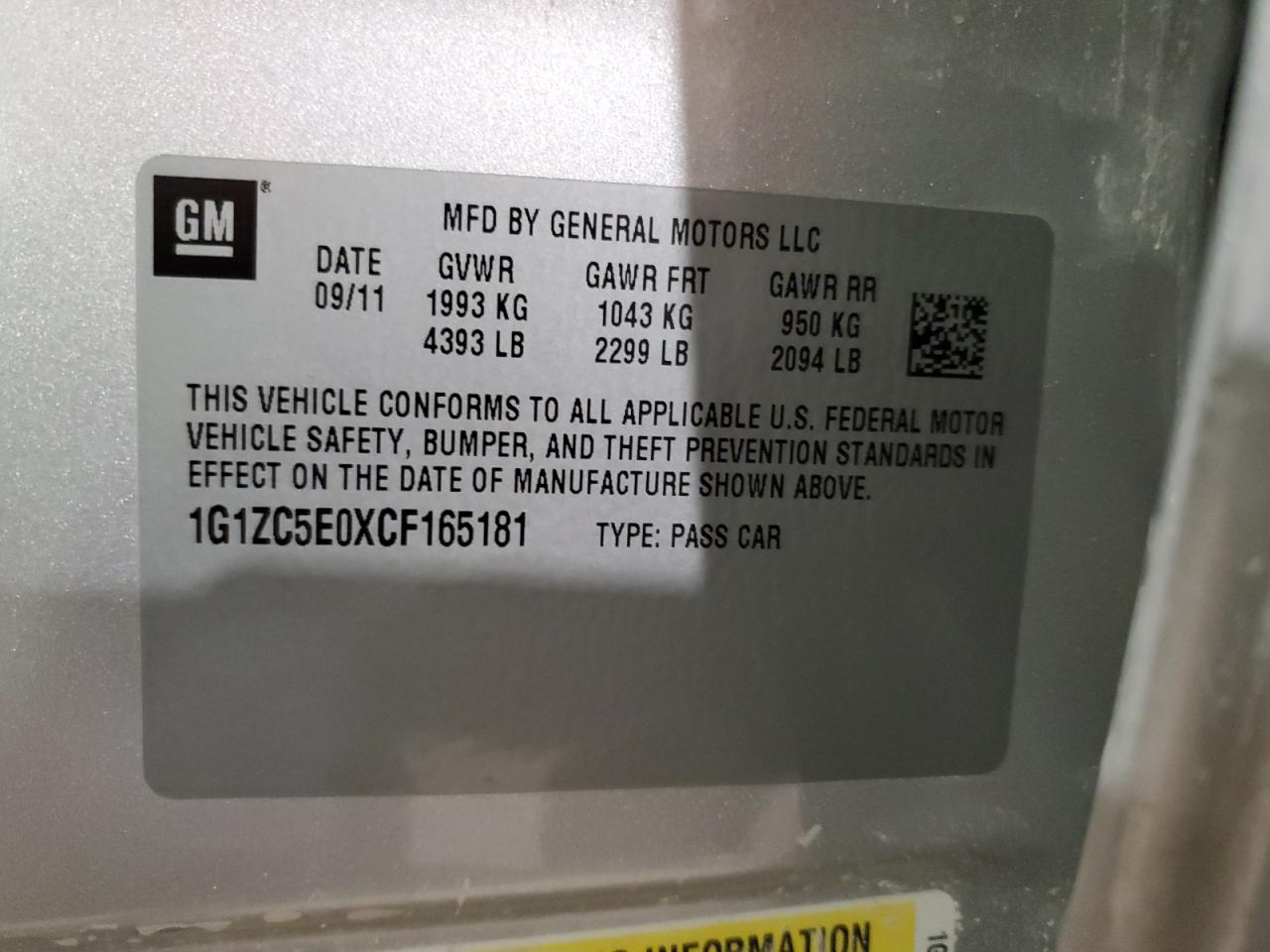 1G1ZC5E0XCF165181 2012 Chevrolet Malibu 1Lt