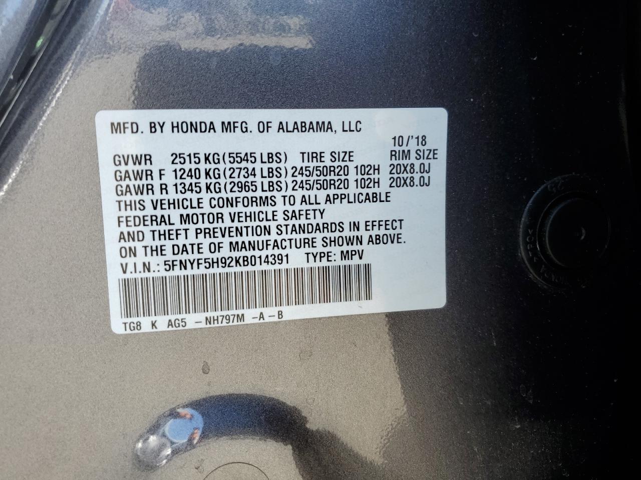 5FNYF5H92KB014391 2019 Honda Pilot Touring