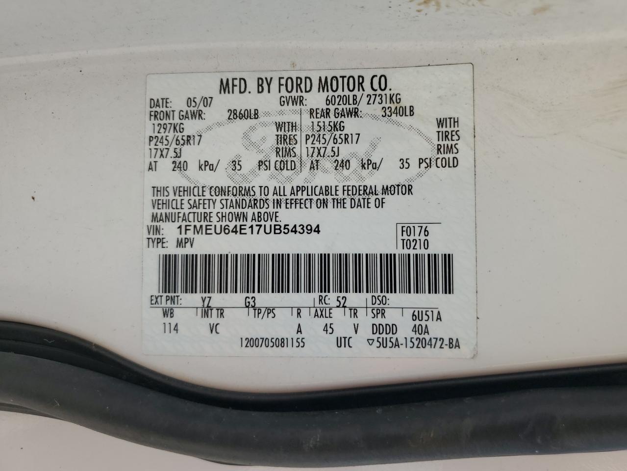 1FMEU64E17UB54394 2007 Ford Explorer Eddie Bauer