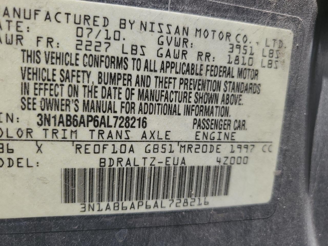 3N1AB6AP6AL728216 2010 Nissan Sentra 2.0