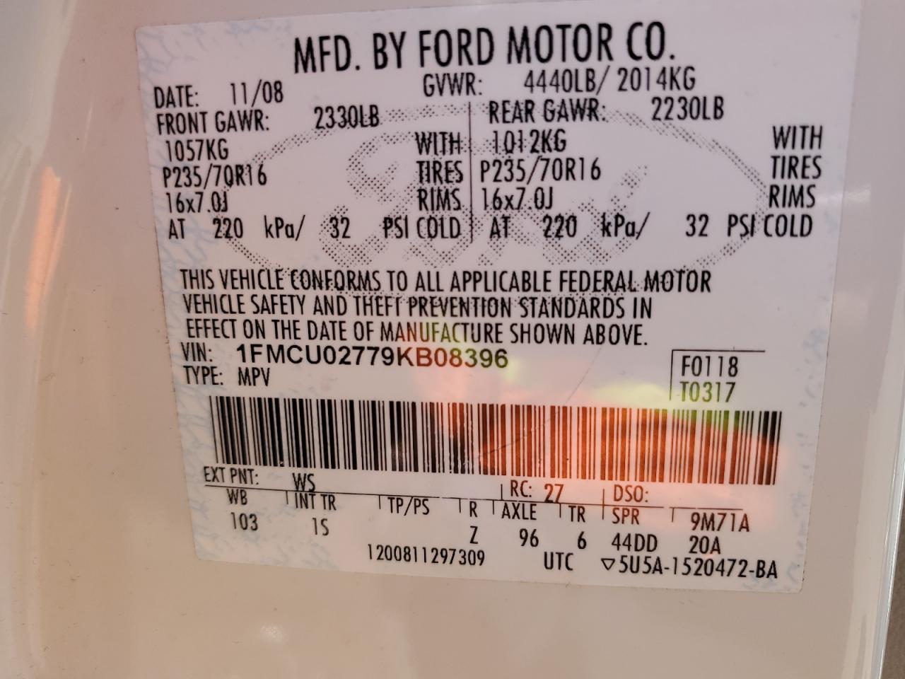 1FMCU02779KB08396 2009 Ford Escape Xls