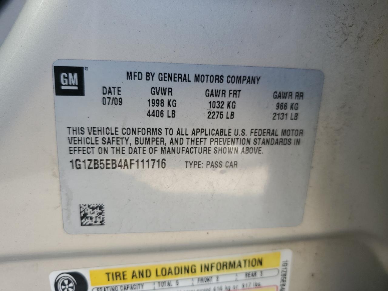 1G1ZB5EB4AF111716 2010 Chevrolet Malibu Ls