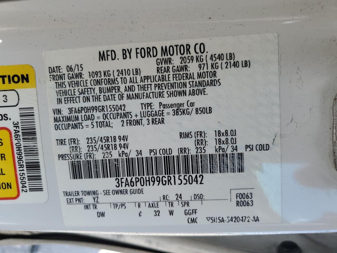 3FA6P0H99GR155042 FORD FUSION 2016