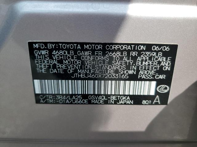 2007 Lexus Es 350 VIN: JTHBJ46GX72033165 Lot: 59100574