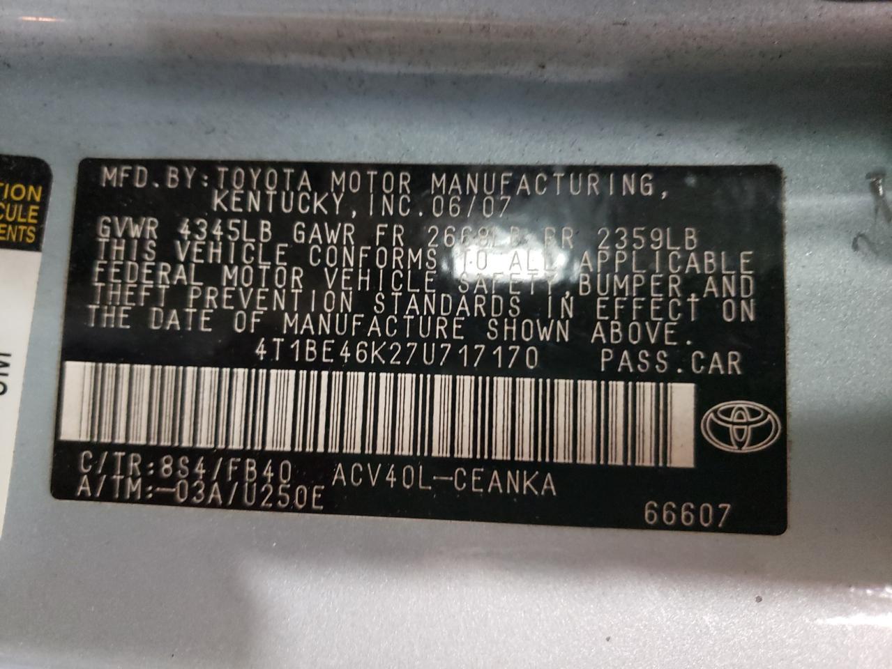 4T1BE46K27U717170 2007 Toyota Camry Ce